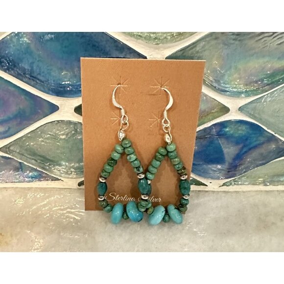 Handmade Native American Genuine Turquoise & 925 Silver Navajo Pearl Earrings - Picture 3 of 8